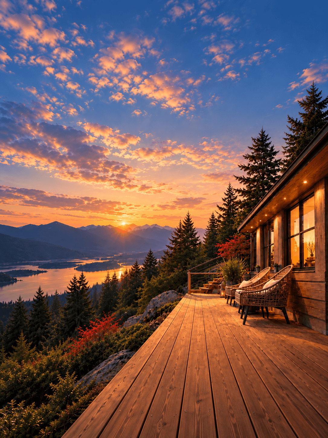 A mountaintop wooden deck at sunset, overlooking a lake and forested mountains beside a warm-lit timber cabin