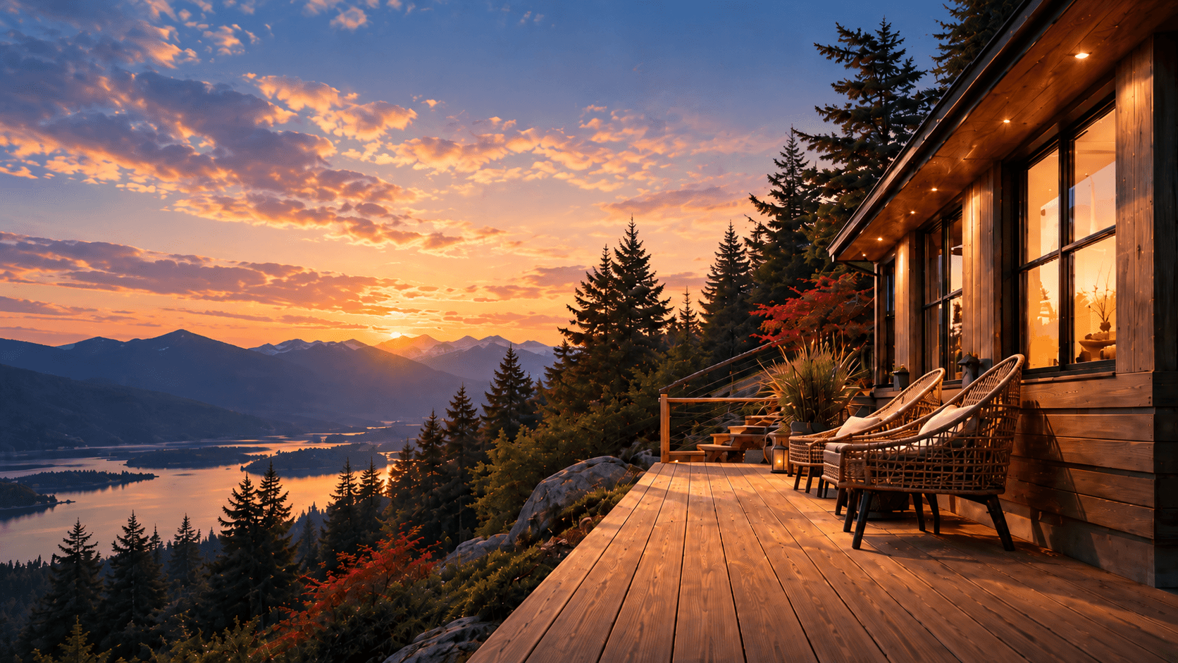 A mountaintop wooden deck at sunset, overlooking a lake and forested mountains beside a warm-lit timber cabin
